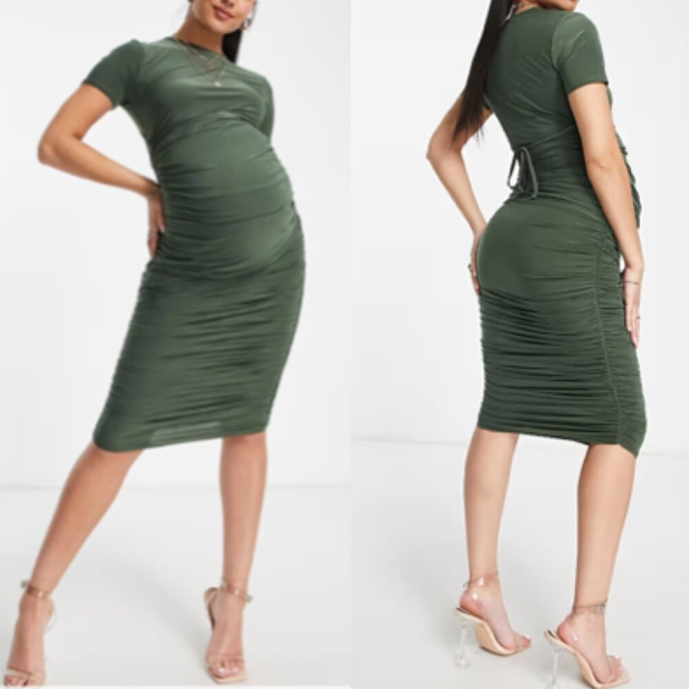 NWT- Missguided Maternity Slinky Midi Dress in Khaki Size 2
